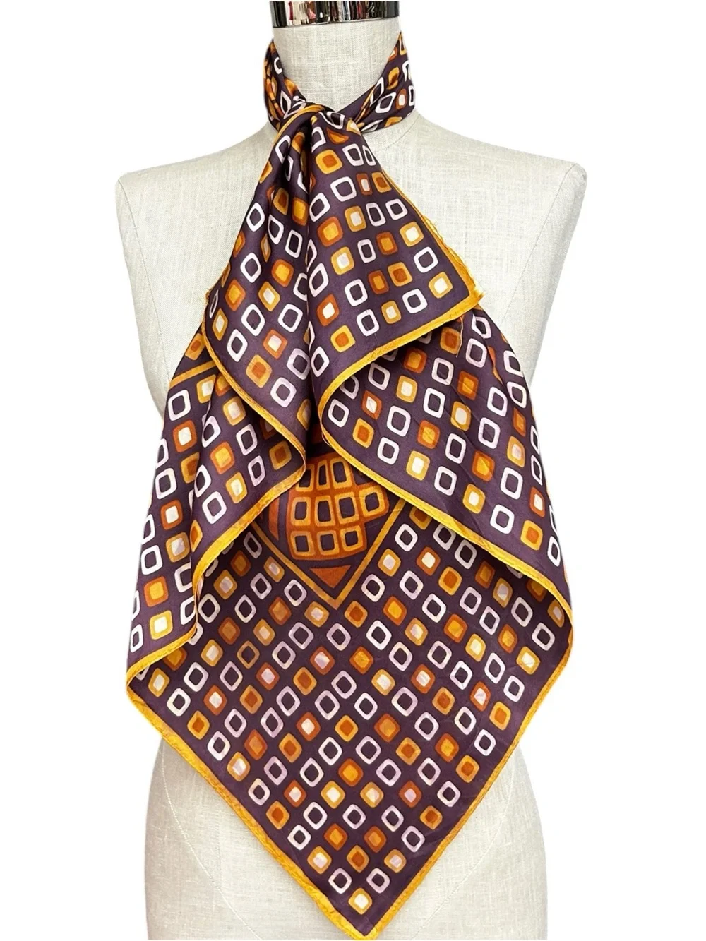 Vintage Mod Geometric Square Scarf Brown Orange Retro Silk Scarf